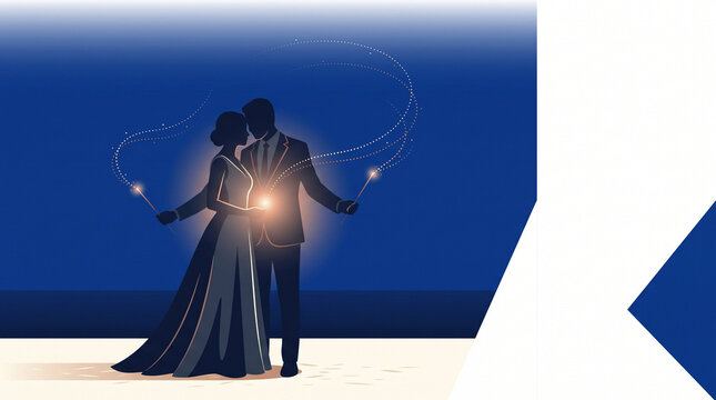 Couple holding sparklers in formal wear during autumn wedding celebration  