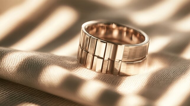 Close-up of gold wedding band on soft cloth