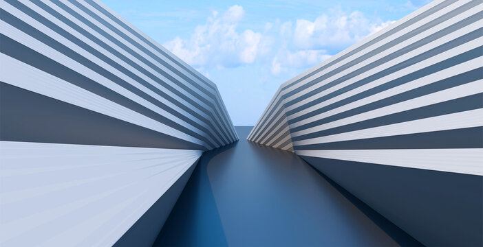 Abstract architectural 3D background with geometric striped walls and clear blue sky perspective for modern design projects