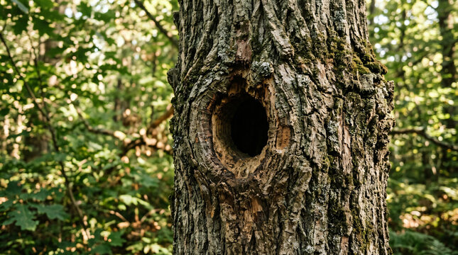 woodpecker nesting hole in old tree trunk | natural hollow in tree bark forest | wood cavity for birds and wildlife habitat | forest ecosystem wildlife home in tree