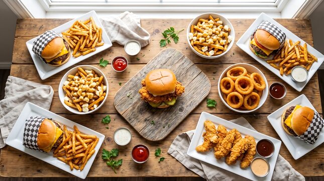 Fast food feast including burgers fries poutine onion rings and chicken tenders on a wooden table