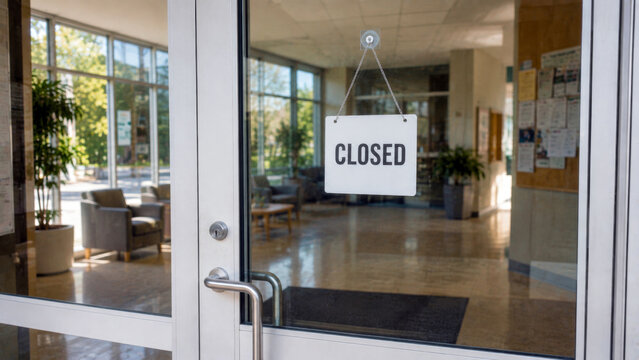 Closed sign hanging on the glass entrance of an empty building, representing shutdown, closure, unavailable services and temporary or permanent business interruption