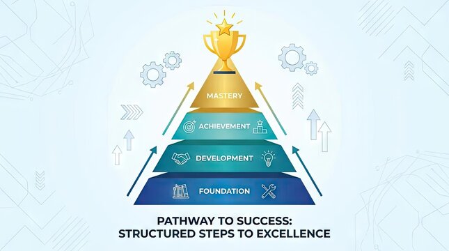 Pyramid diagram showing structured steps to business success.