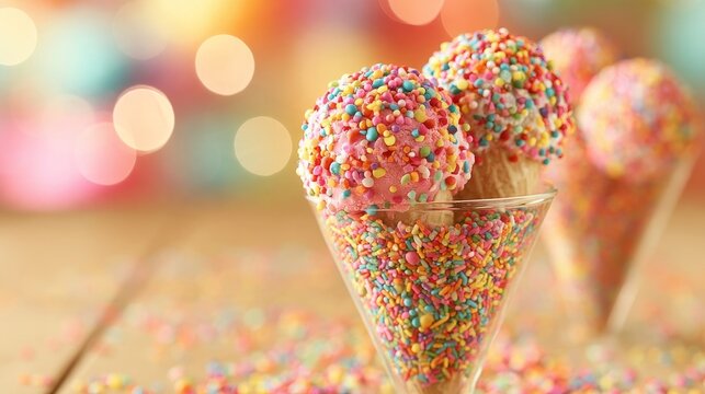 Sweet cone ice cream served in glass cup on bright background