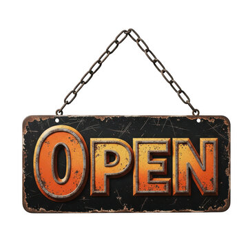 Open sign with chain hanging on black background