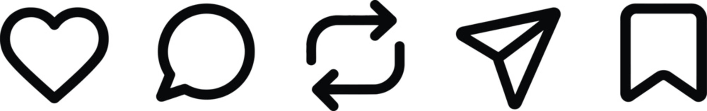 Set of social media interaction icons in black line art style with interface ico