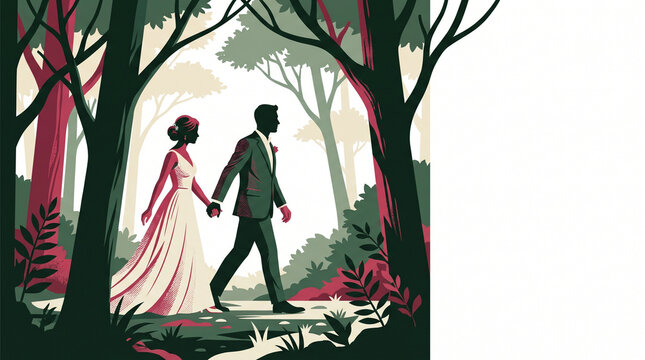 Bride and groom walking hand in hand through a forest  