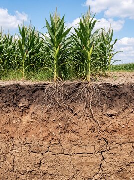 Cross-sectional view of corn plants showing soil layers and roots