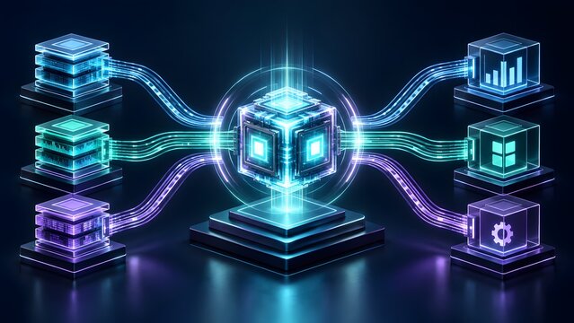 Advanced quantum computing processor visualization featuring a central glowing holographic cube routing digital information to interconnected data modules via fiber optic channels