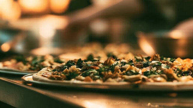 Cook topping pizza with salami on restaurant counter