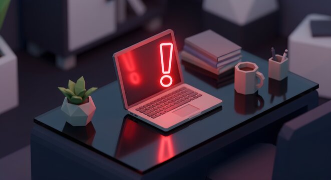 Modern Minimalist Desk Setup with Laptop Displaying Red Warning Screen in Dimly Lit Room