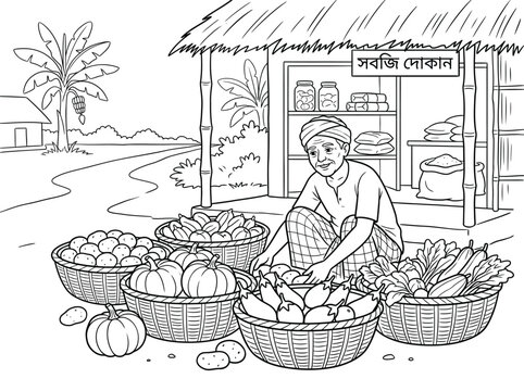 Vector illustration of a market vendor selling fresh fruits and vegetables in a rural village stall with vegetable stall street food local shopkeeper village economy fruit seller market basket