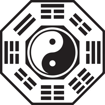 Black and white line icon of an octagonal bagua mirror with a yin yang symbol in the center and trigrams around the perimeter, isolated on a white background, representing also transparent background