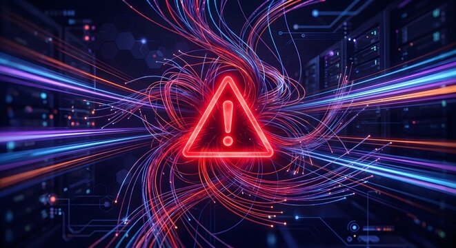 Abstract vortex of blue and red light trails with warning triangle
