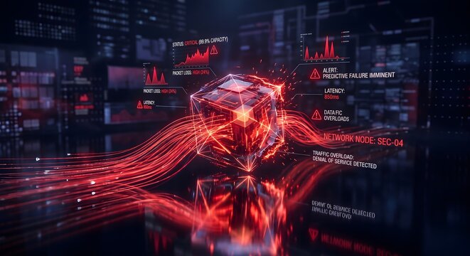 Futuristic HUD interface with glowing red data cube and streams