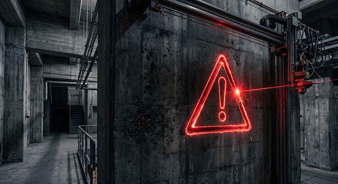 Industrial metal wall with glowing red neon warning sign