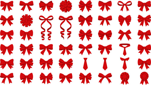 Set of red gift bows ribbons rosettes and neckties collection for holiday present wrapping decoration flat vector illustration