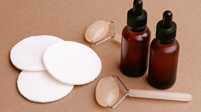 Cotton rounds, facial roller, and serum bottle displayed on brown surface