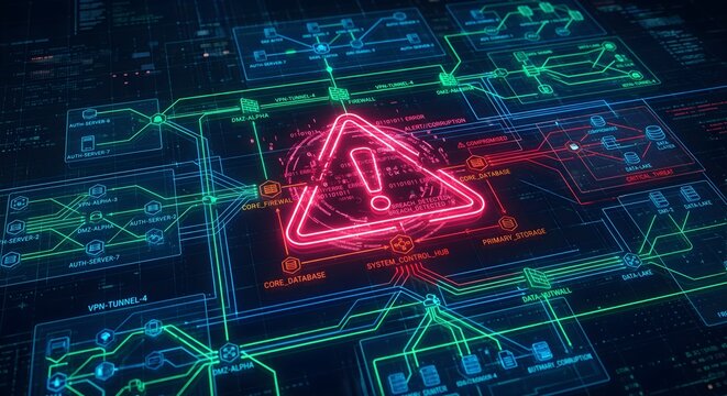 Detailed futuristic circuit board with central red warning triangle