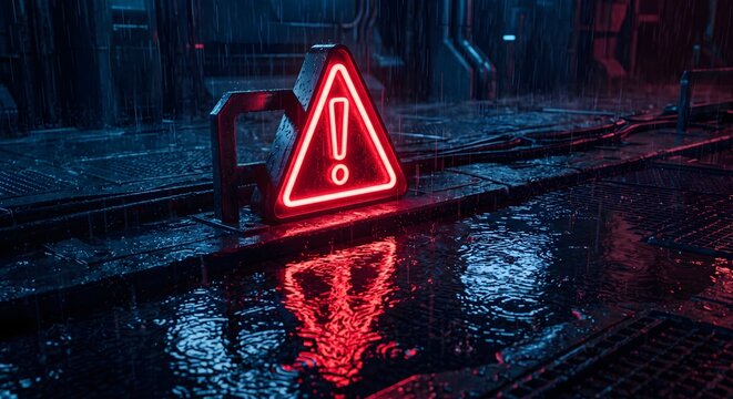 Wet urban asphalt with glowing red neon warning triangle reflection