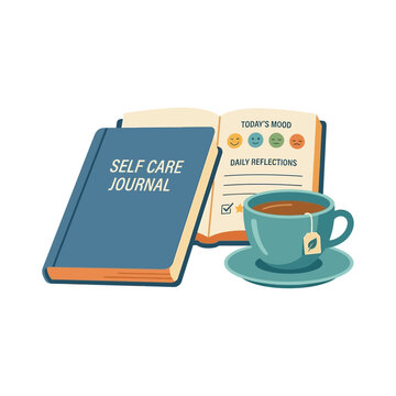 Self care journal with mood tracker and tea cup for daily reflection and mental wellness.