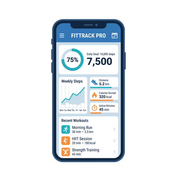 Fitness tracking app interface on a smartphone screen showing steps and calorie data
