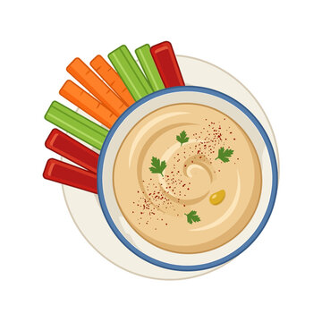 Top view illustration of healthy hummus dip served with fresh vegetable sticks on a plate