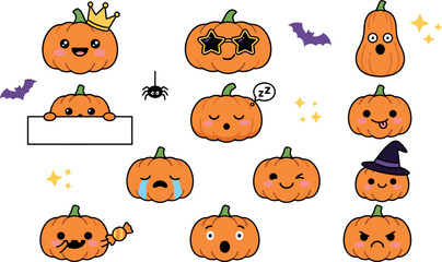 Fototapeta premium Cute Halloween Pumpkin Character Set Flat Vector Illustration with Different Expressions Crown Witch Hat Bat and Spider Collection