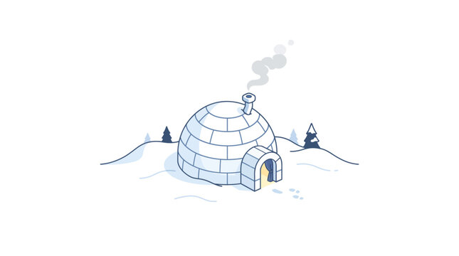 Minimalist illustration of a cozy igloo home nestled in a frosty, snowy landscape, featuring a smoking chimney that evokes feelings of warmth and comfort during cold weather