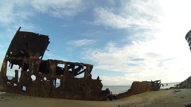 Shipwreck on the beach timelapse, Woody Point, Queensland Australia 4k