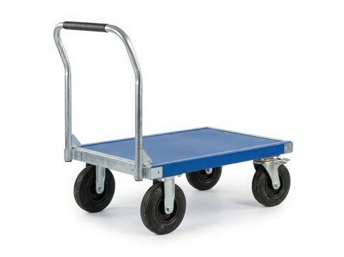 Blue platform trolley with handle isolated on white background