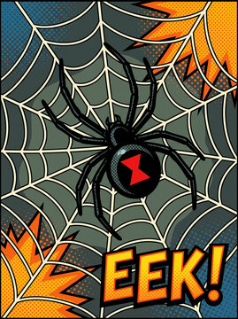 Spider in a web with autumn leaves and "EEK!" text in pop art style  