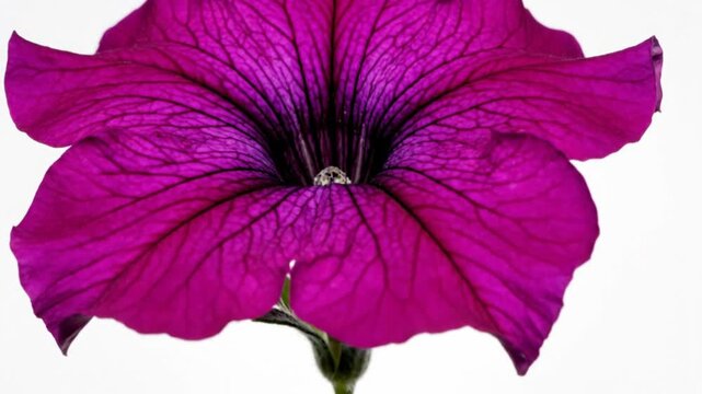 Close-up of a vibrant purple petunia flower blossom revealing intricate details of the petal structure against a clean white background