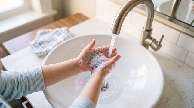 A child washes their hands with vibrant colorful bubbly soap under a running water faucet in a clean modern bathroom sink.