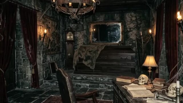 Dark Gothic Vampire Chamber  Interior with Wooden Coffin Skull Books and Vintage Chandelier