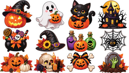 Obraz premium Cute Halloween Characters and Decorative Clipart Collection