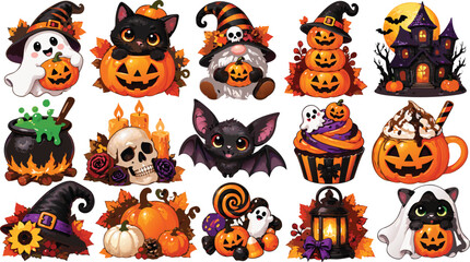 Fototapeta premium Cute Halloween Characters Pumpkin and Witch Clipart Set