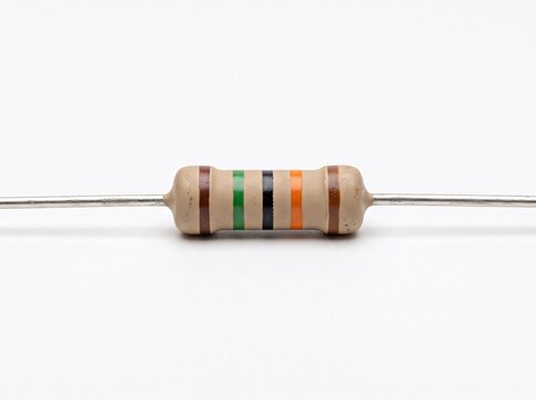 Axial resistor with brown green black orange stripes for electronic circuits and projects.