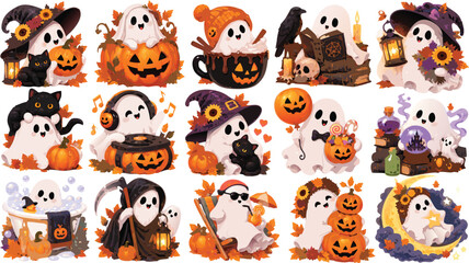 Obraz premium Playful Halloween Ghost and Pumpkin Character Clipart Set
