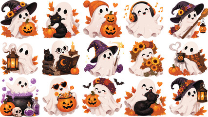 Fototapeta premium Cute Ghost Halloween Character and Pumpkin Clipart Collection