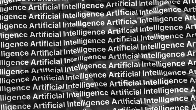 A black crumpled paper texture background with repeating rows of the white text Artificial Intelligence, symbolizing the hidden risks, ethical problems, and dark side of modern technology.