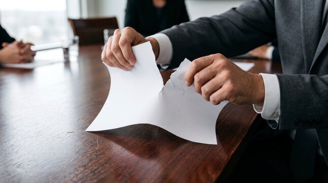 Close-up of a businessman in a suit ripping a white paper contract in half during a corporate meeting at an office boardroom table.