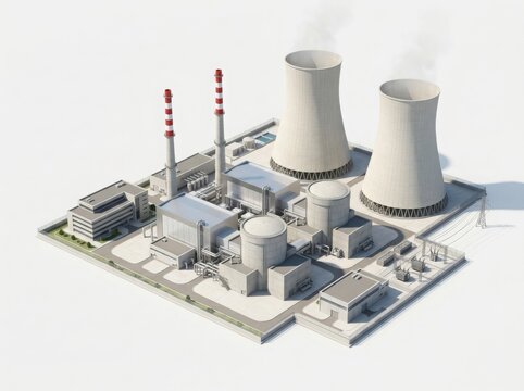 Isometric 3d rendering of a nuclear power plant facility with cooling towers and electrical infrastructure isolated on white background