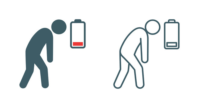 Silhouette of person with low battery icon on white background