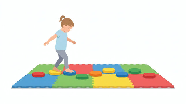 Girl walking on colorful EVA foam mat tiles