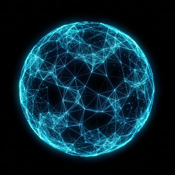Futuristic digital plexus sphere, glowing blue network globe on black background, abstract technology data connection concept
