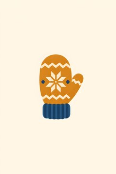 A knitted mitten, flat vector illustration, amber firelight against cold blue shadow