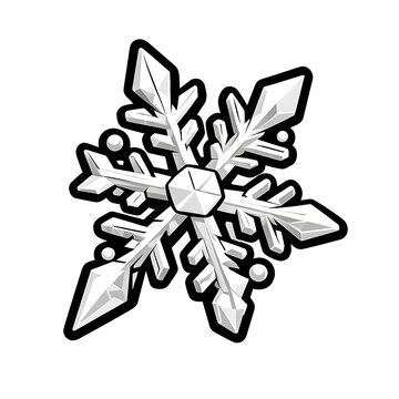 A snowflake crystal, die-cut sticker, monochrome snow-white with black accents