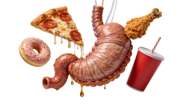 Human stomach digesting pizza donut fried chicken and soda, isolated on transparent background