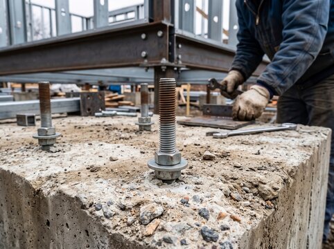 Close-up of steel anchor bolts embedded in concrete foundation with a worker assembling metal building frame with a wrench in the background.